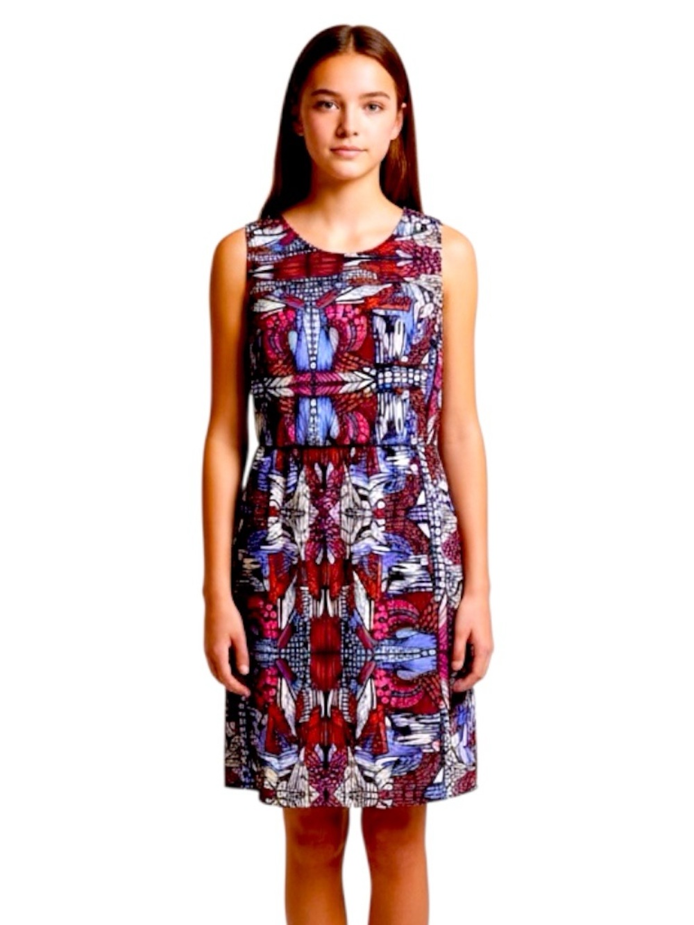 Japna Juniors Medium Sleeveless Dress Blue Pink Red Geometric Knee Length Career